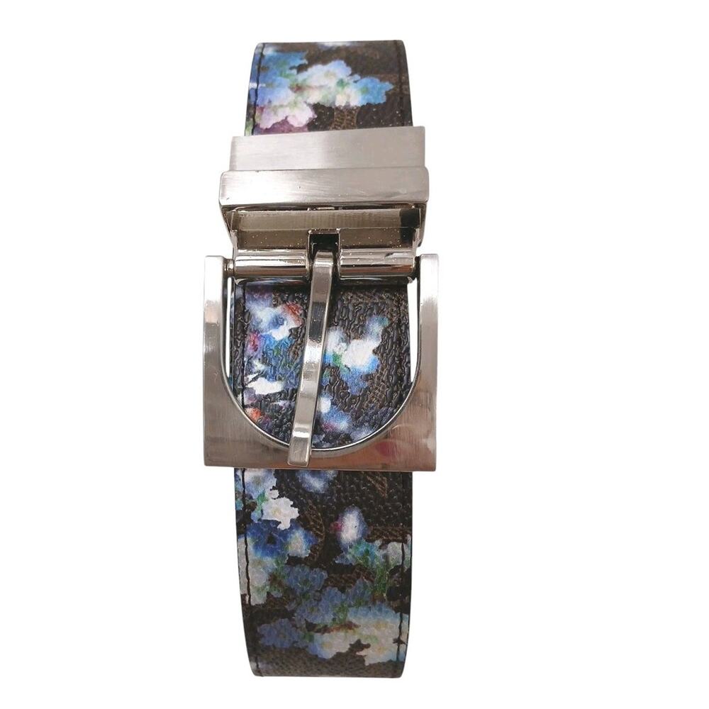 Calvin Klein Floral Belt XL Sz 48" Brown Blue Silver Logo Buckle Boho Cottage - Picture 2 of 14